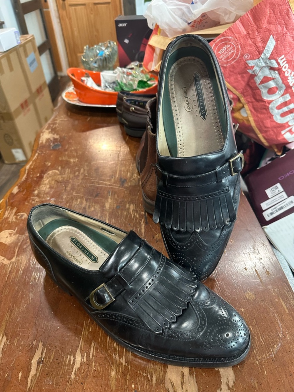 Florsheim Black Leather Kiltie Monk Strap Loafers